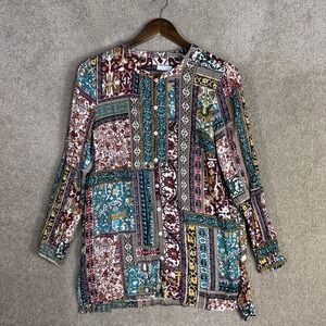 J Jill Shirt Womens Small Multicolor Boho Patchwork Henley Tunic 3/4 Sleeve